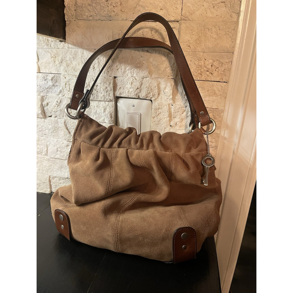 Fossil 1954 Brown Suede Handbag Purse Carrier Women's Bag Authentic Silver Key - Picture 2 of 6